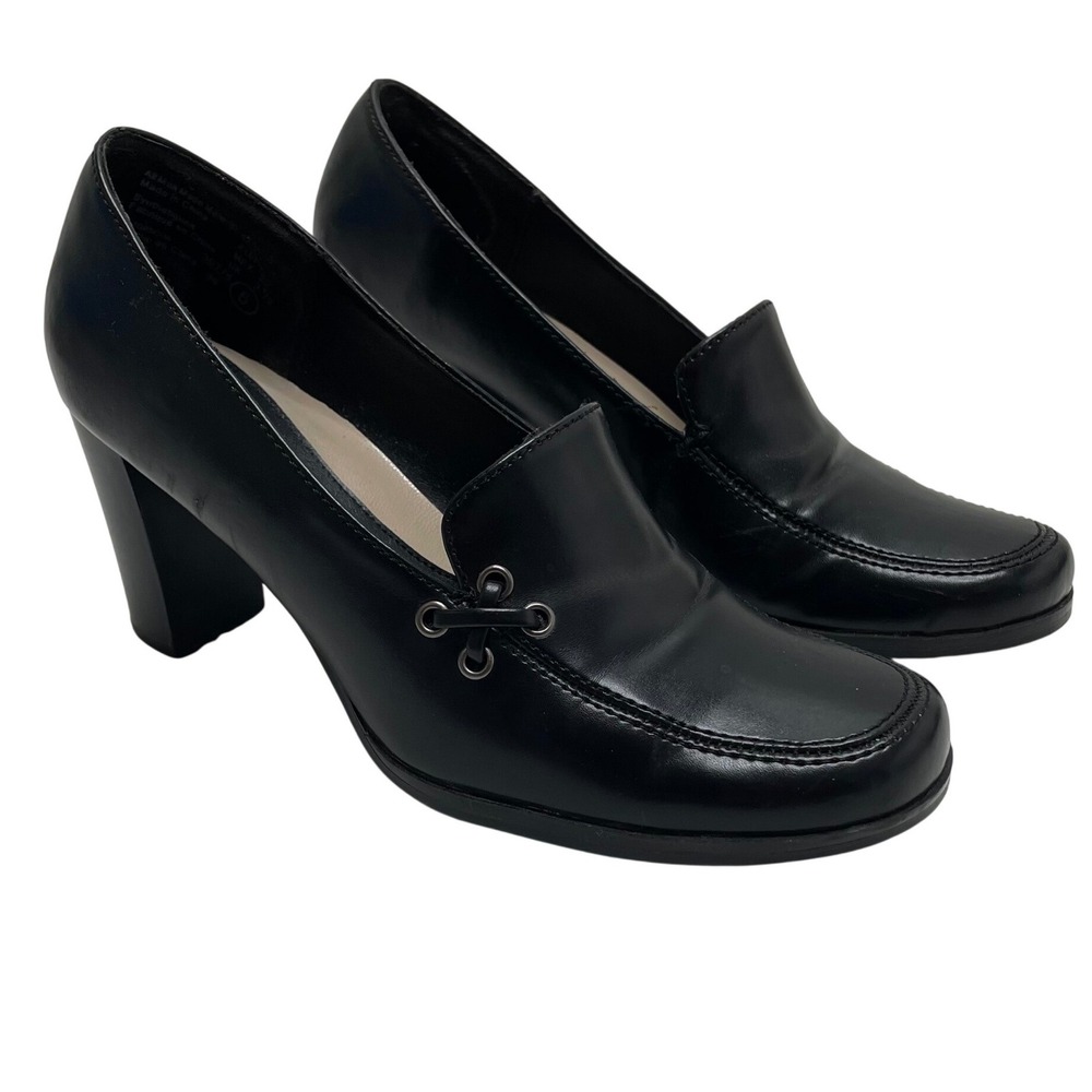 Highlights Black Heeled Loafers Square Toe Block Heel Y2K Granny Dark Cottage 5‎